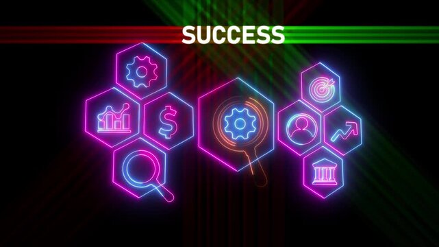 An animated group of business people standing around a success icon isolated on black background. Represents corporate vision, business goals, teamwork and achieving a common mission.