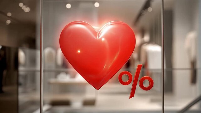 Red heart sticker with "0%" sale sign on glass window of modern clothing boutique interior, blurred mannequins in trendy outfits, fashion store promotion atmosphere