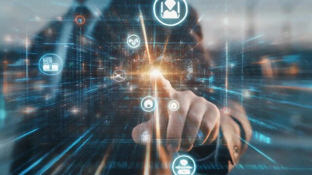 A business professional interacts with a glowing digital interface, illustrating innovation, data driven decision making, and modern business technology transformation.