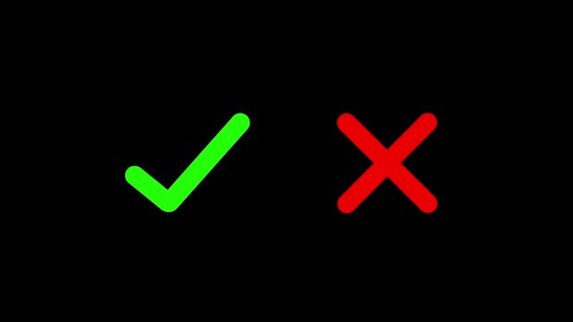 check mark and cross icon ideal for concept approval or rejection. yes or no checkmark icons in green tick box and red cross. Right and wrong sign animated on black background. 