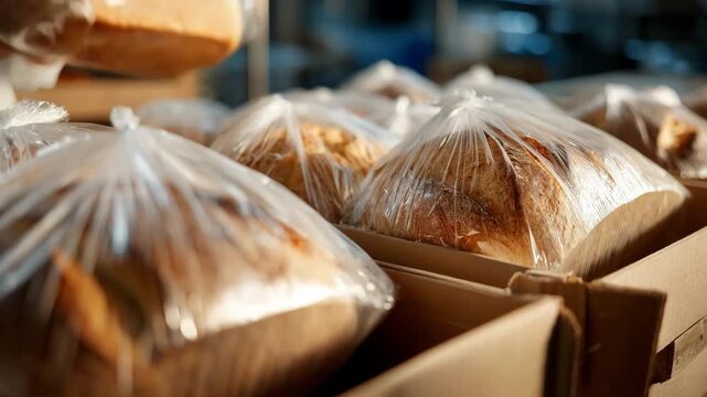 Medium shot of compostable plastic packaging enveloping bread loaves focusing on renewable resources and earthfriendly waste reduction.