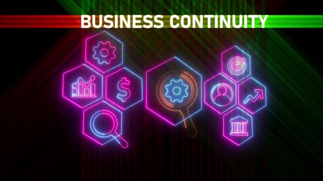 Glowing neon line banner of BUSINESS CONTINUITY concept with icons of planning, management, recovery, risk, operation, resilience and procedures isolated on black background.