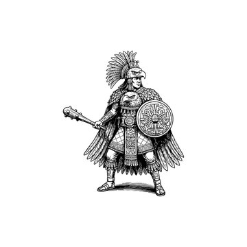 Ancient aztec eagle warrior engraving.