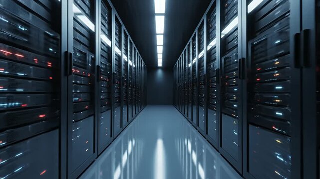 4K Video of a Server Room with Rows of Racks in Data Center