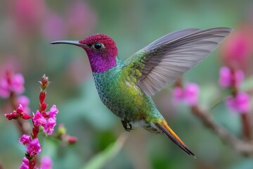 Obraz premium Colorful Anna's hummingbird, wings spread, hovers near pink flower blossoms. Use it for nature publications, avian studies, or eco-conscious marketing.