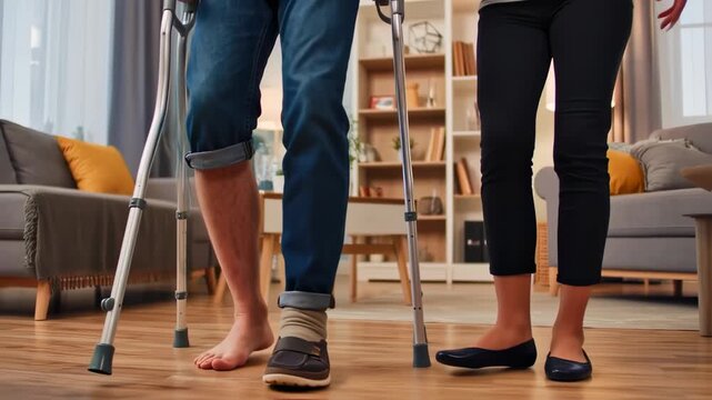 A person with a leg brace walking with crutches, supported by another in a home
