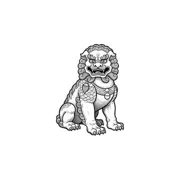 Ancient chinese foo dog engraving.