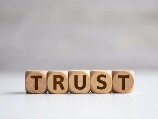 Wooden blocks spelling the word trust on a smooth surface  concept of faith and reliability