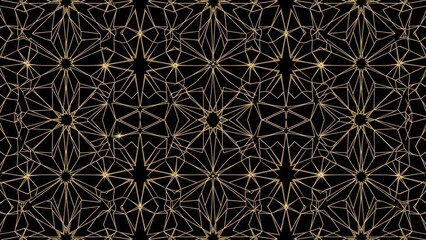 Abstract geometric pattern of glowing gold lines on black background