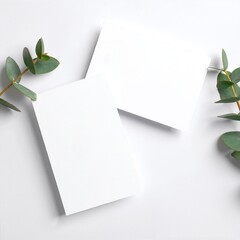 Two blank white paper sheets are elegantly arranged on a clean white background, adorned with vibrant green leaves artfully placed beside them.