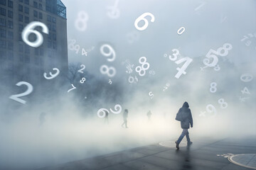 Floating numbers fading into mist, abstract finance uncertainty