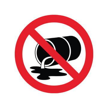 No pollution prohibition sign depicting a barrel pouring liquid within a red circle and slashisolated on white
