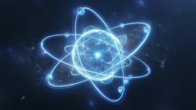 Stunning depiction of an atom in space showcasing atomic structure and energy, ideal for science and educational themes