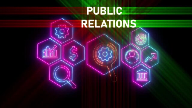 Glowing neon line banner of PUBLIC RELATIONS concept with icons of internet, social media, TV, communication, customer, journal and event isolated on black background.