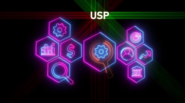 Glowing neon line banner of USP concept with icons of unique, sale, consumer, benefits, branding and marketing isolated on black background.
