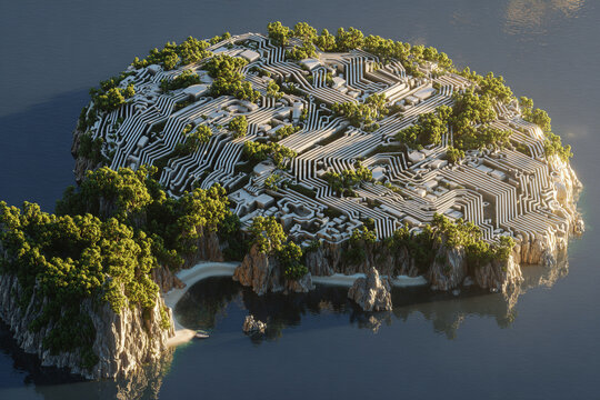 island shaped like a computer motherboard with trees and water surrounding it