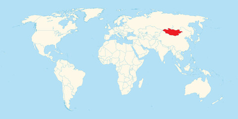 Obraz premium World map highlighting the landlocked country of Mongolia located between Russia and China in East Asia