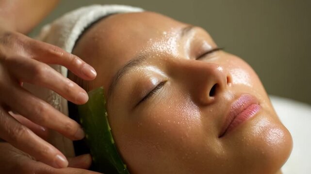 Medium shot of a woman receiving a soothing facial treatment using aloe vera gel highlighting the calming hydrating effects of the natural skincare ingredient.