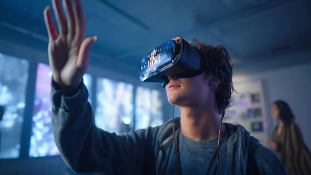 Medium shot of a young person immersed in a virtual reality tour of historical human rights events emphasizing educational engagement and emotional connection.