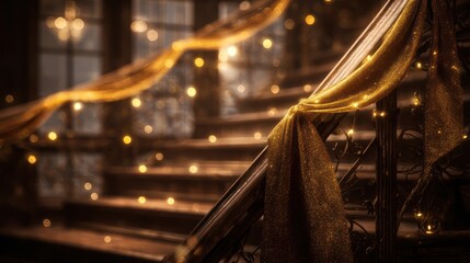 Golden Decorations on Elegant Staircase with Warm Lighting for Festive Celebration