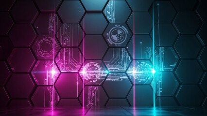 Futuristic Hexagonal Digital Interface Background with Glowing Circuit Patterns and Neon Pink and Blue Vertical Light Beams, Abstract High-Tech Cyber Wall for UI Design