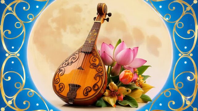 Beautiful mandolin surrounded by flowers in ornate frame