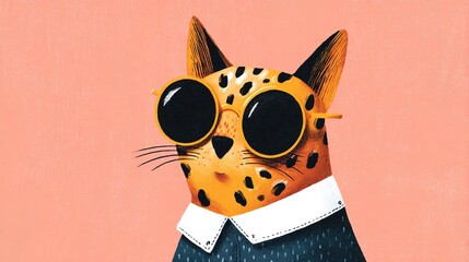 Cat wearing round sunglasses and a shirt poses against a pink background