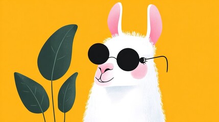 Obraz premium White llama wearing sunglasses stands next to a green plant on a bright yellow background in a fun and playful scene