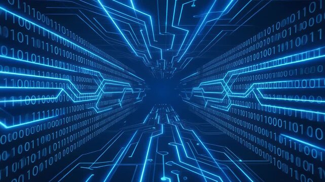 Futuristic digital tunnel with glowing blue binary code and circuit patterns for technology themes.