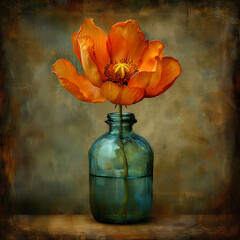 Abstract glass vase with a single dried flower, natural shadows, blurred background.