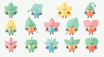 Obraz premium Cute leaf characters reading books in autumn