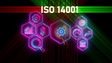 ISO 14001 icons. International Organization for Standardization sign and symbol. Environmental management system. Glowing neon line of ISO 14001 banner icons isolated on transparent background. - Powered by Adobe