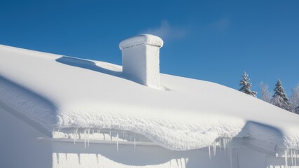 Color photo of a house completely covered in snow, with icicles hanging from the roof and chimney, set against a backdrop of snowy trees and a clear blue sky.
