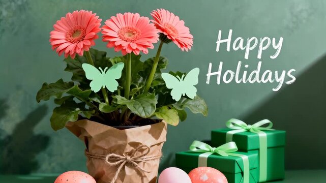 Pink gerbera daisies in a rustic wrapped pot are arranged with pastel speckled eggs and green gift boxes on a muted green backdrop, with empty area on the right available space for text and seasonal g