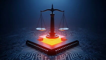 Digital justice scale on circuit board representing cyber law