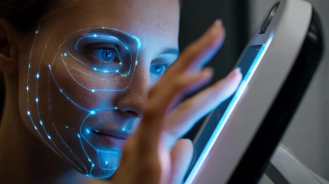 Medium shot of a skin scanner device analyzing facial features with digital overlays highlighting skin conditions for a personalized skincare regimen.