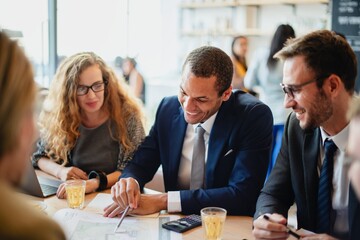 A diverse group of professionals, including a Black man in a suit collaborate in a meeting,...