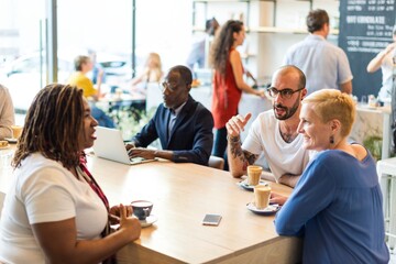 Fototapeta premium Diverse group in a cafe, chatting and enjoying coffee. People of various ethnicities and genders, socializing and working in a lively cafe setting. Diverse people at a coffee shop.