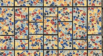 A colorful mosaic artwork composed of small tiles in various shapes and colors