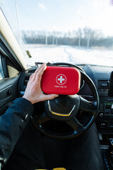Emergency Kit Amid Snowy Journey, Winter Driving Scene With First Aid And Preparedness Focus, Overhead Perspective Of Driver Equipped With Emergency Supplies During Icy Winter Travel