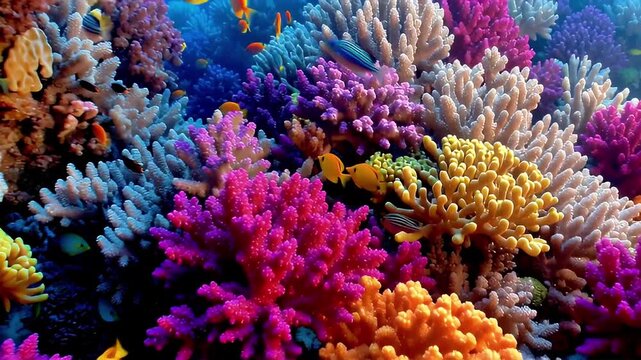 Vibrant colorful coral reef underwater scene with tropical fish swimming among diverse corals and anemones in a clear ocean environment