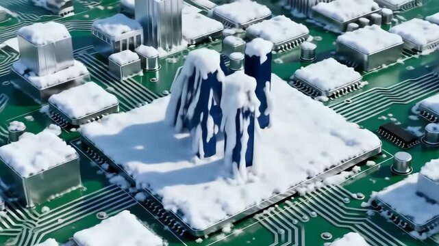 AI letters sit on a snow-dusted microchip mounted on a green circuit board. Snow and frost cover nearby components to evoke cold computing, winterized hardware, and efficient thermal management in dat