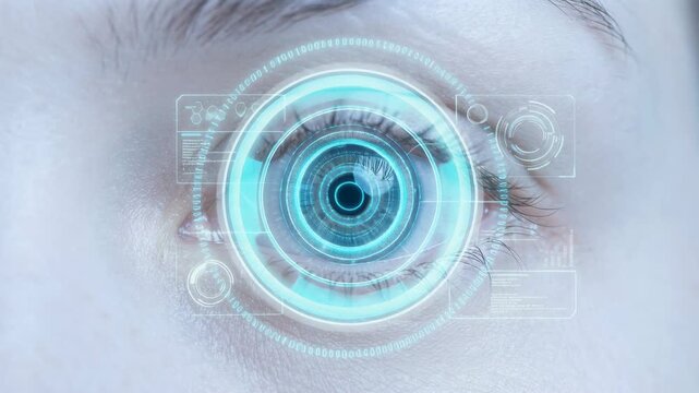 Futuristic close-up of a human eye with digital interface and technology projection for science and innovation themes
