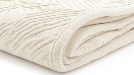 Close up view of a folded cream woven blanket with intricate geometric relief texture