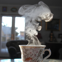Steam rising from a ceramic teacup near a window, blurred cityscape behind.