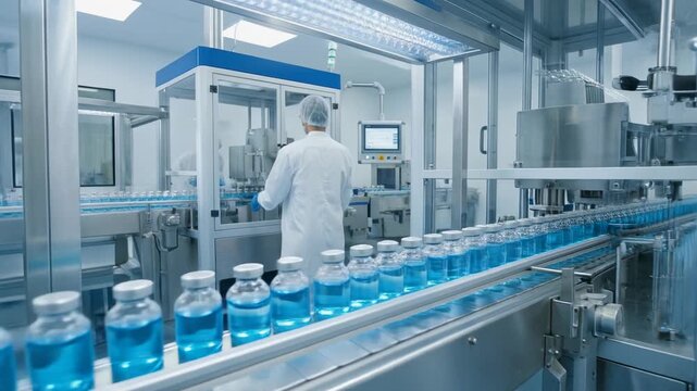 Modern Pharmaceutical Production Facility with Automated Bottling Process in Clean Room Environment