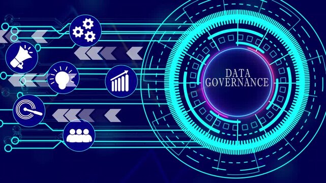 Integrated Business Solutions Concept Data Governance System for Sales, Marketing, and Operations Featuring Digital Interface Animation with Icons for Data Analytics, Customer Relationship  