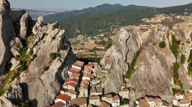 Aerial Drone View of Pietrapertosa Village Nestled Among Rocky Peaks in the Dolomiti Lucane, Basilicata, Italy