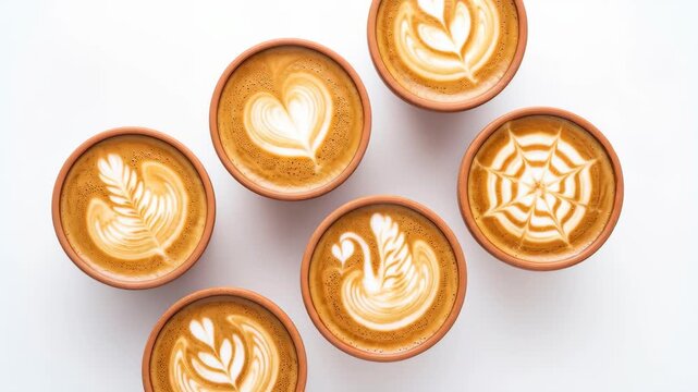 Top view of six cups of coffee featuring intricate latte art designs, including hearts, leaves, swan, and spiderweb patterns, arranged on a white background.