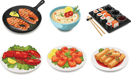 Seafood and Japanese cuisine set featuring grilled salmon steaks sushi rolls lobster platter spring rolls and creamy soup bowl.